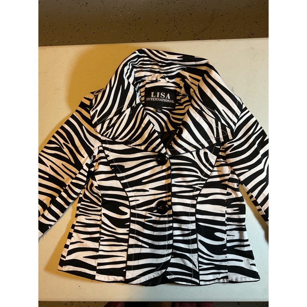 LISA INTERNATIONAL Zebra Print Blazer Jacket Women's Size L Black‎ White